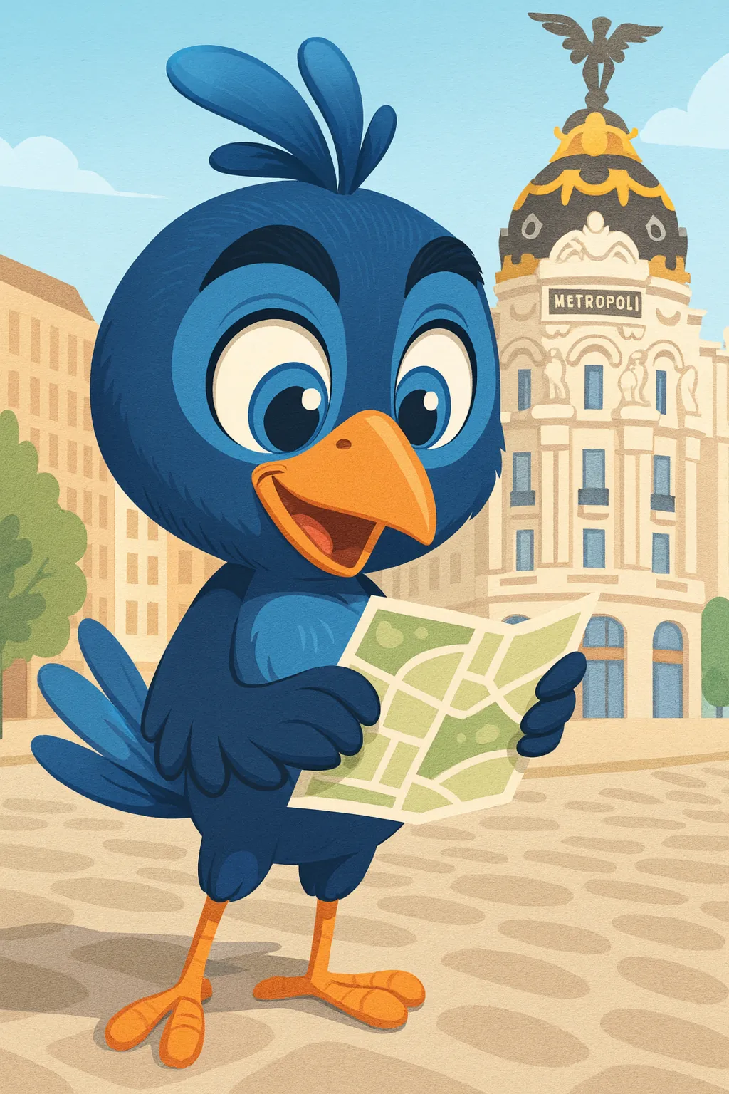 Mappy leyendo un mapa en Madrid