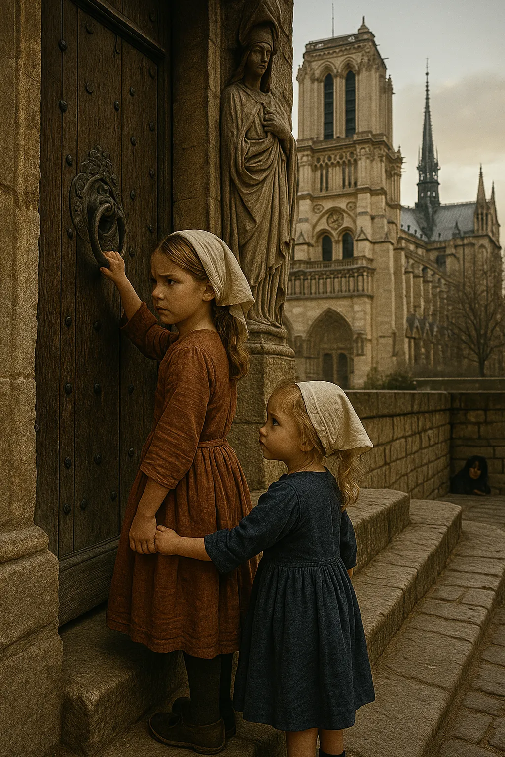 Niñas llamando a la puerta de NotreDame