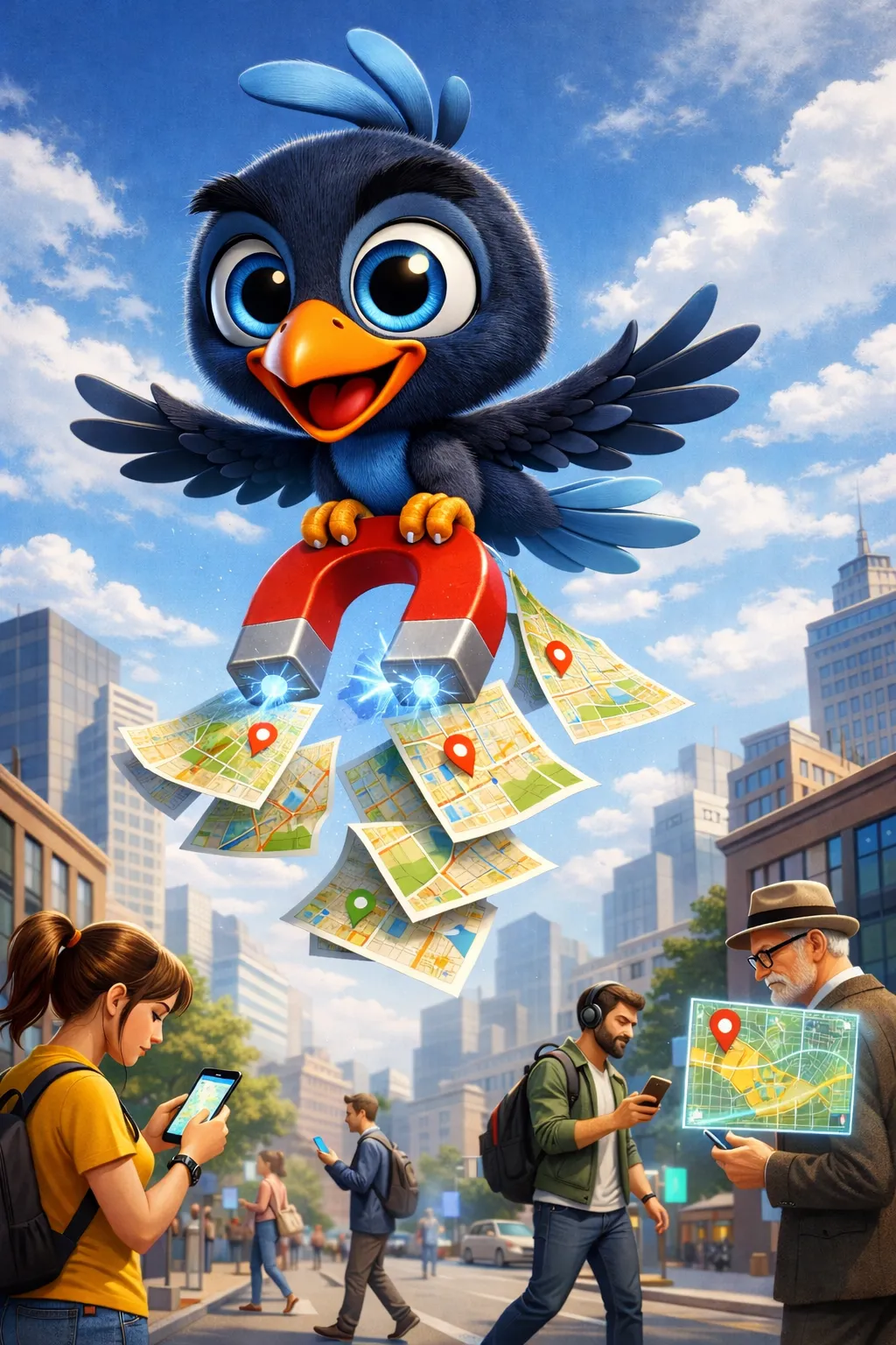 Mappy volando con un iman de mapas de papel
