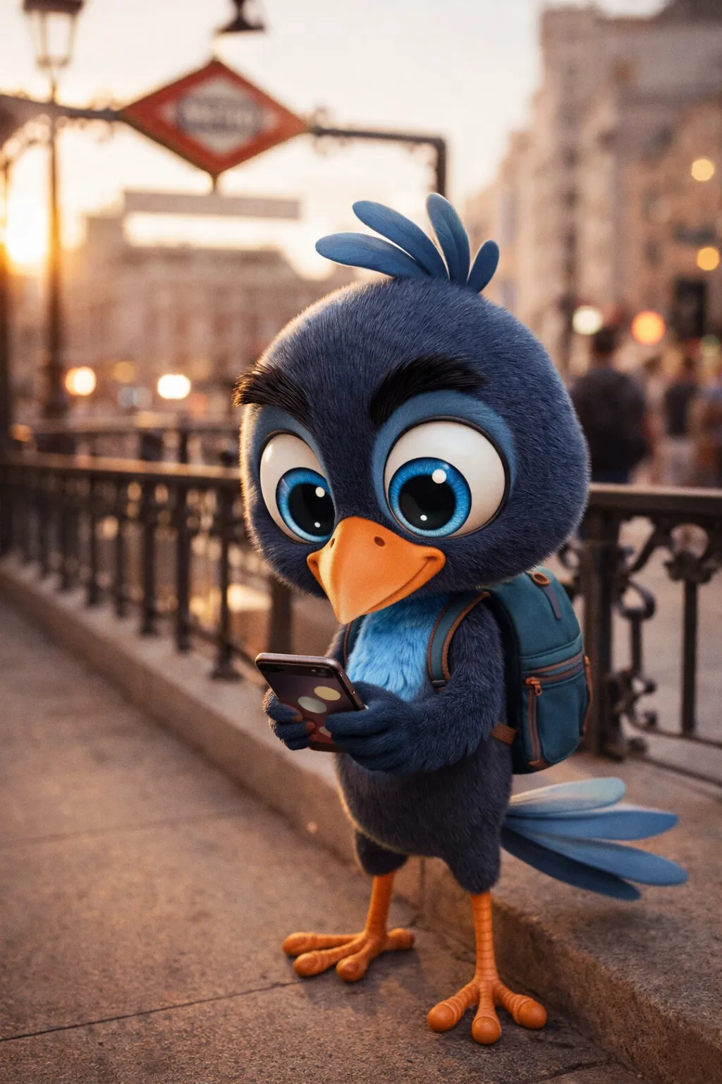 Mappy mirando el movil al salir del metro