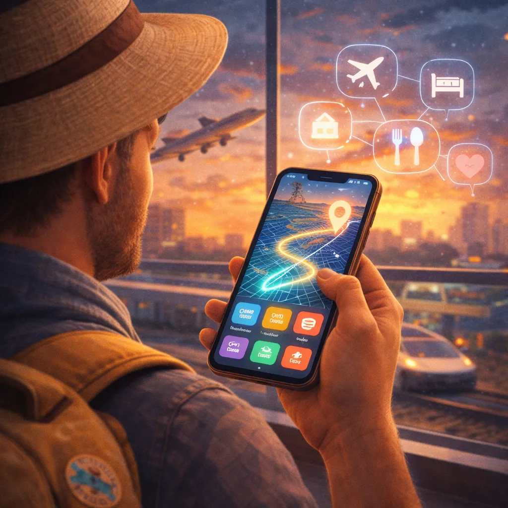 Viajero usando una app de viaje en el móvil