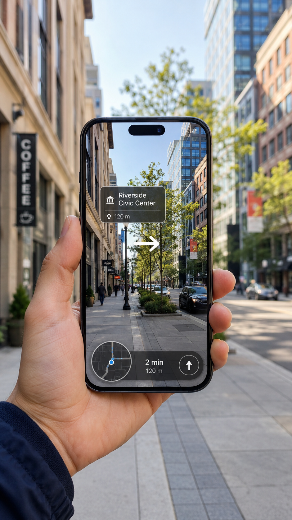 Vista de realidad aumentada superponiendo información sobre una calle de la ciudad