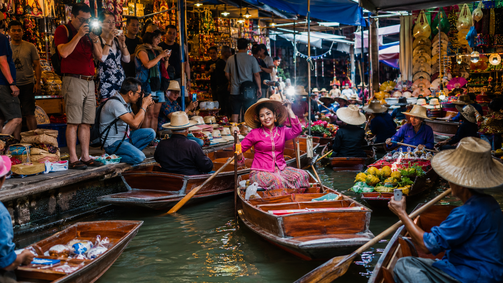 Mercado flotante en Tailandia recreado para turistas
