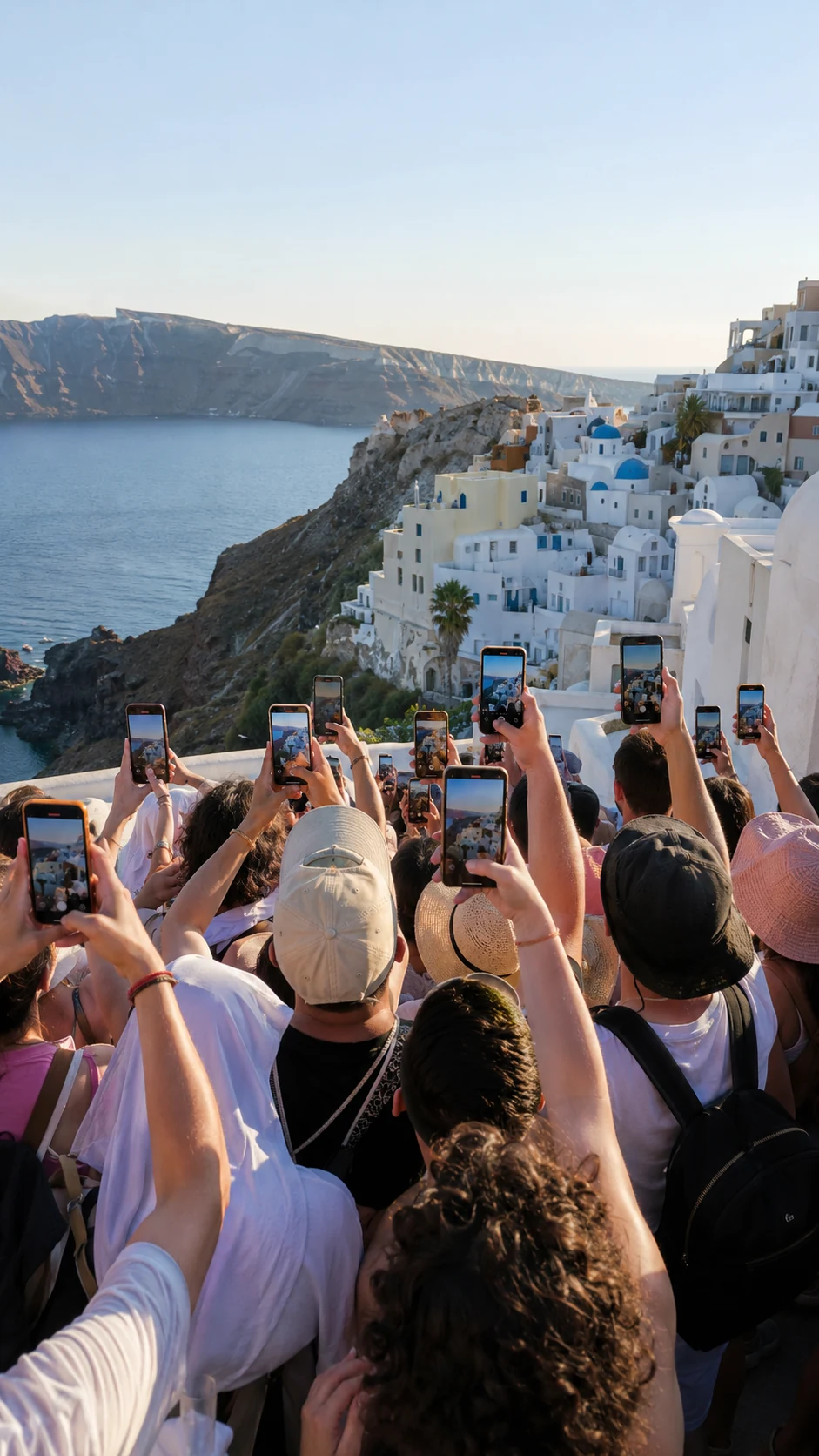 Multitud de turistas fotografiando con el móvil las casas blancas de Santorini al atardecer