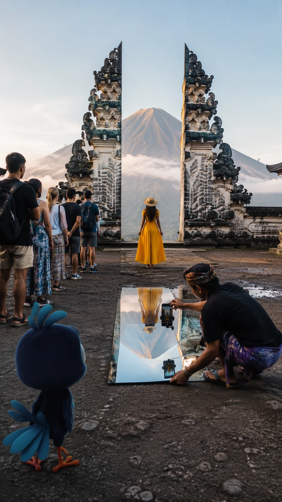 Cola de turistas en la Puerta del Cielo del templo de Lempuyang, en Bali, donde un hombre crea el reflejo de agua con un espejo bajo el teléfono
