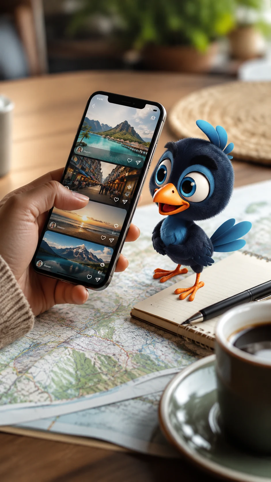 Mano sosteniendo un móvil con un feed de vídeos de viajes sobre un mapa de papel, una libreta y una taza de café, con la mascota Mirlo observando