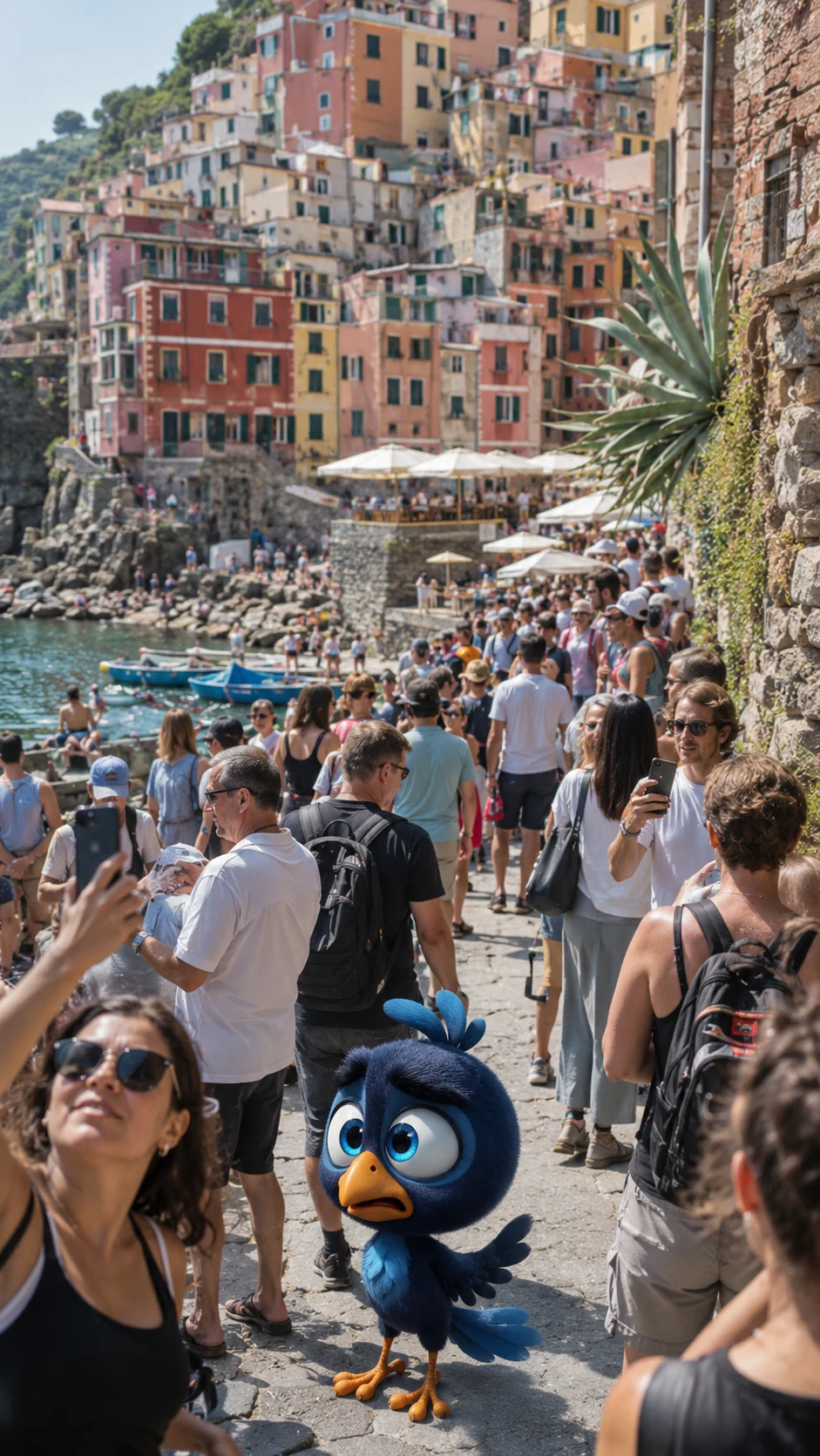 Calle estrecha de un pueblo costero abarrotada de turistas haciendo fotos