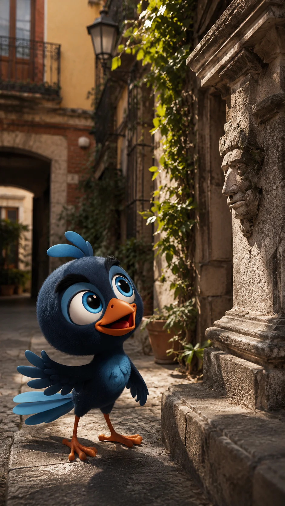 Mappy, en un callejón tranquilo, observa de cerca un detalle arquitectónico tallado en piedra