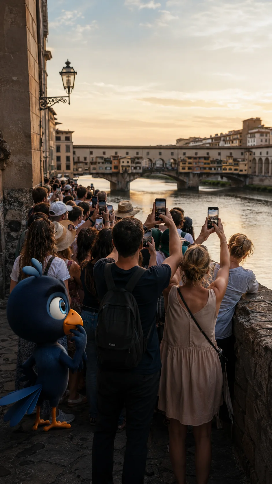 Una multitud fotografía un puente con el móvil mientras Mappy, la mascota de The Mirlo, observa pensativo a un lado