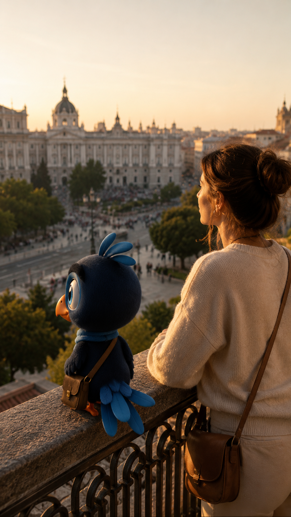 Mappy y una viajera observando Madrid desde un mirador al atardecer, con la tecnología en segundo plano