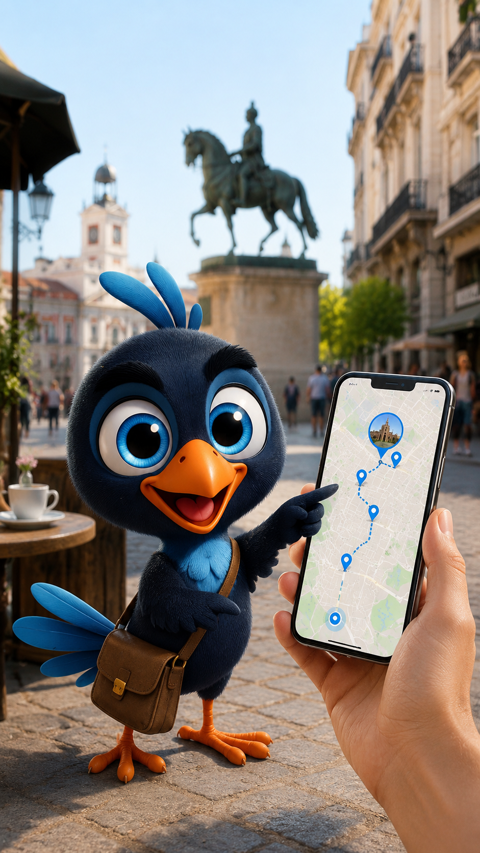 Mappy actuando como guía turístico junto a un móvil con una ruta personalizada por Madrid