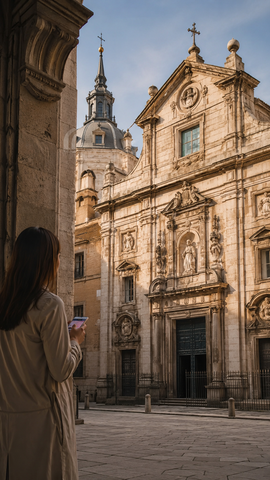 Viajera observando una fachada histórica de Madrid mientras consulta información contextual en su móvil