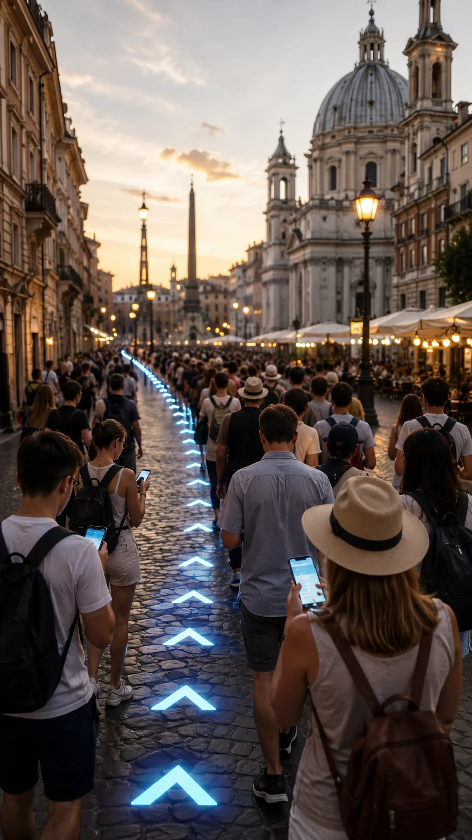 Multitud de turistas recorriendo el centro de una ciudad siguiendo la misma ruta marcada por sus móviles