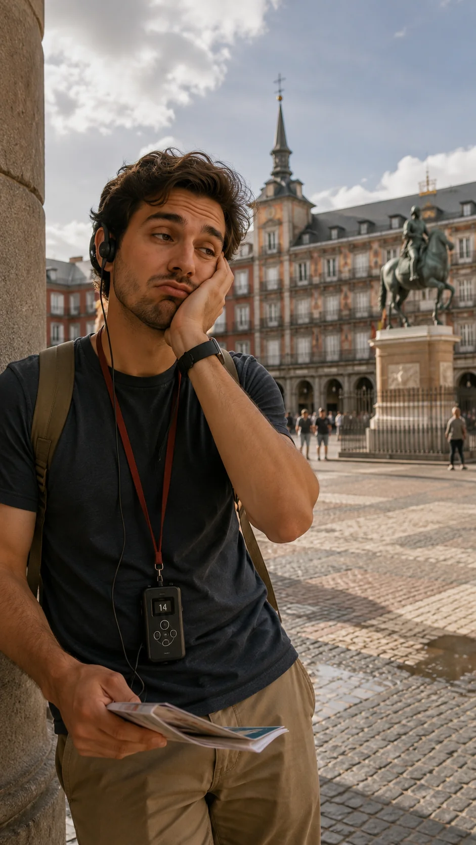 Viajero apoyado en una columna de la Plaza Mayor de Madrid, con auriculares de una audioguía tradicional y un folleto en la mano, con gesto de aburrimiento