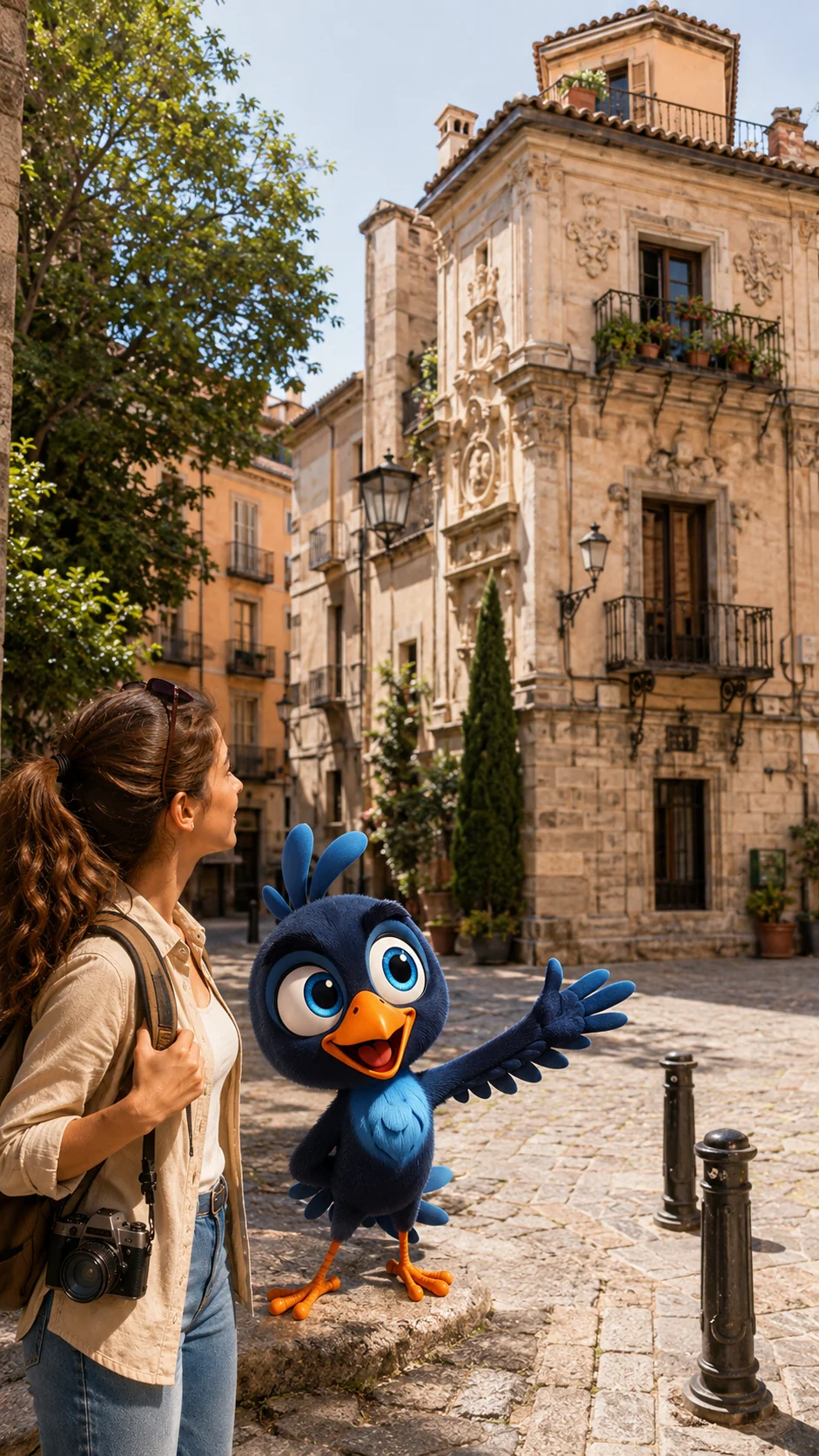 Mappy señala con el ala un palacio histórico con escudos de piedra mientras una viajera contempla el edificio en un casco antiguo