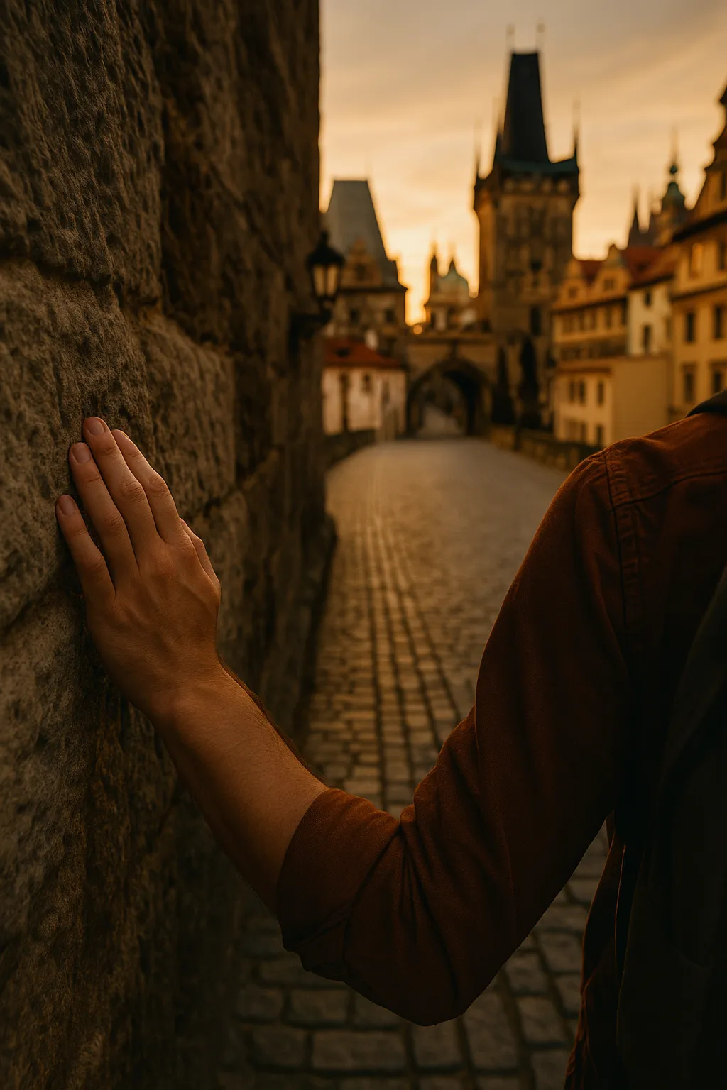 Mano tocando muro medieval conectando con la ciudad