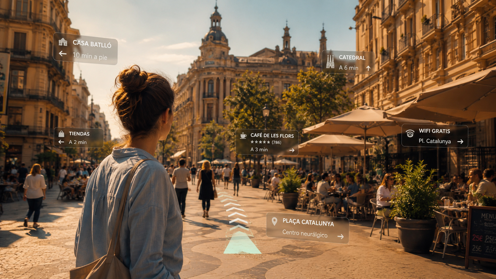 Viajero explorando una ciudad con inteligencia artificial