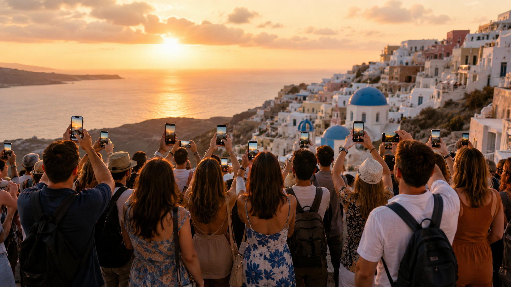 Turistas fotografiando un lugar icónico, todos con el móvil levantado