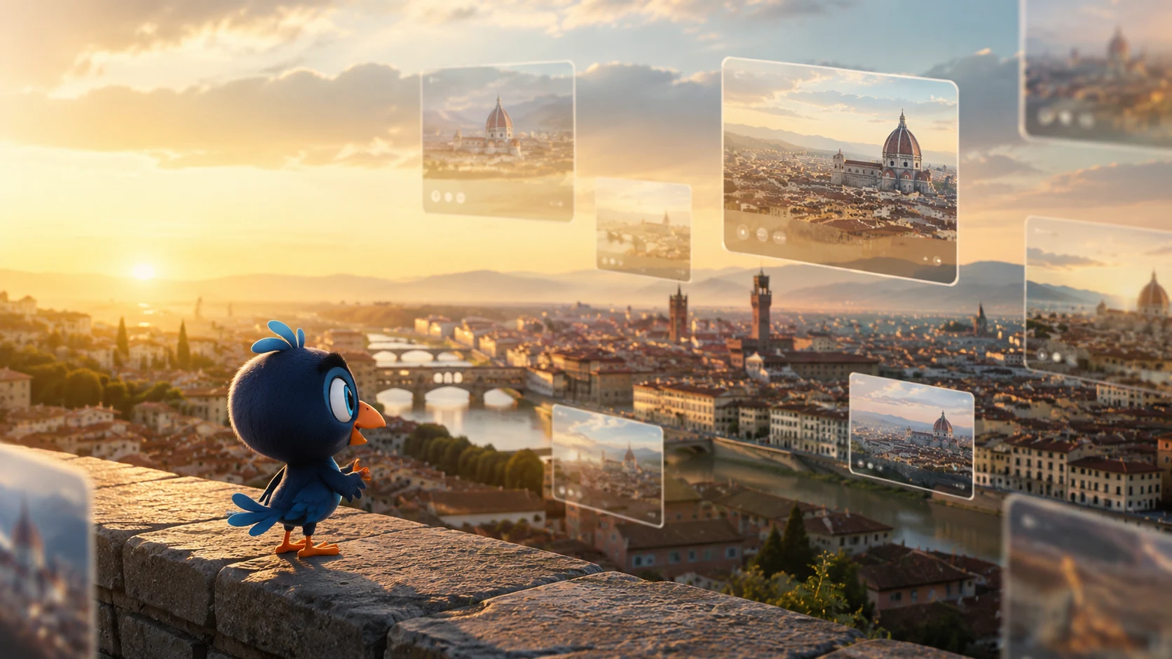 Mappy, la mascota de The Mirlo, contempla una ciudad rodeada de capas visuales flotantes de pantallas e imágenes