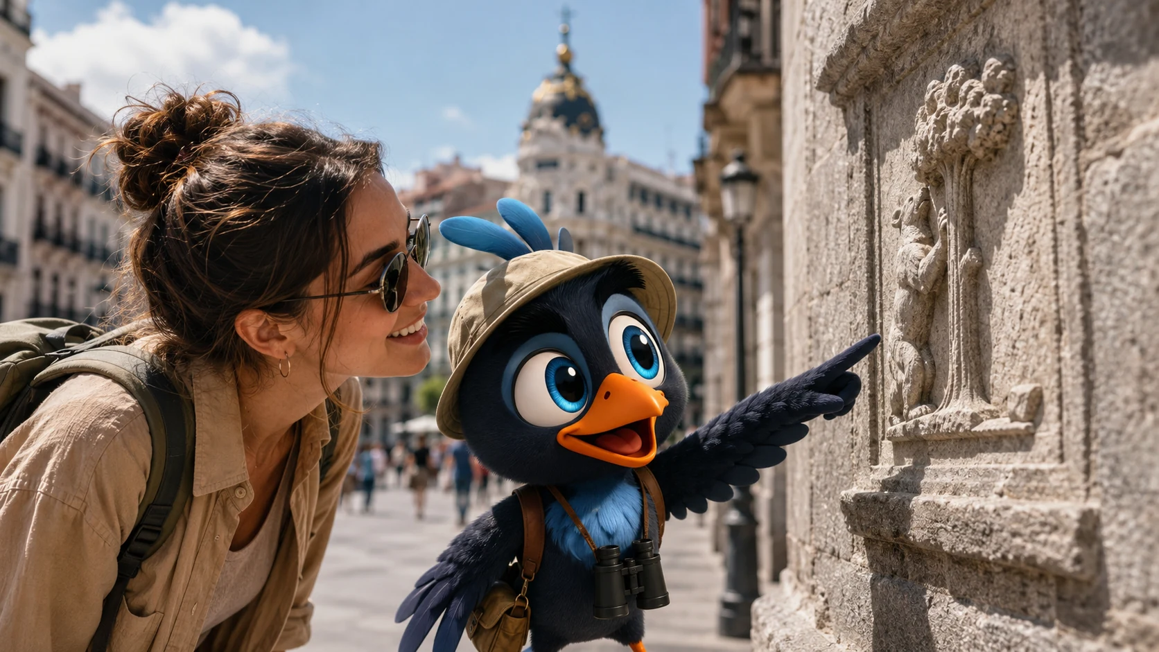 Mappy acompaña a una viajera por la ciudad como un guía cercano, señalando un detalle mientras ella descubre el lugar a su ritmo