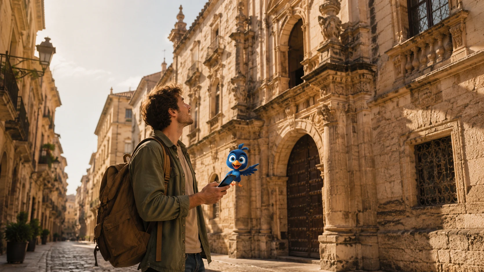 Un viajero solo en una calle antigua mira hacia arriba un edificio, con el móvil en la mano y Mappy asomando para contarle lo que tiene delante