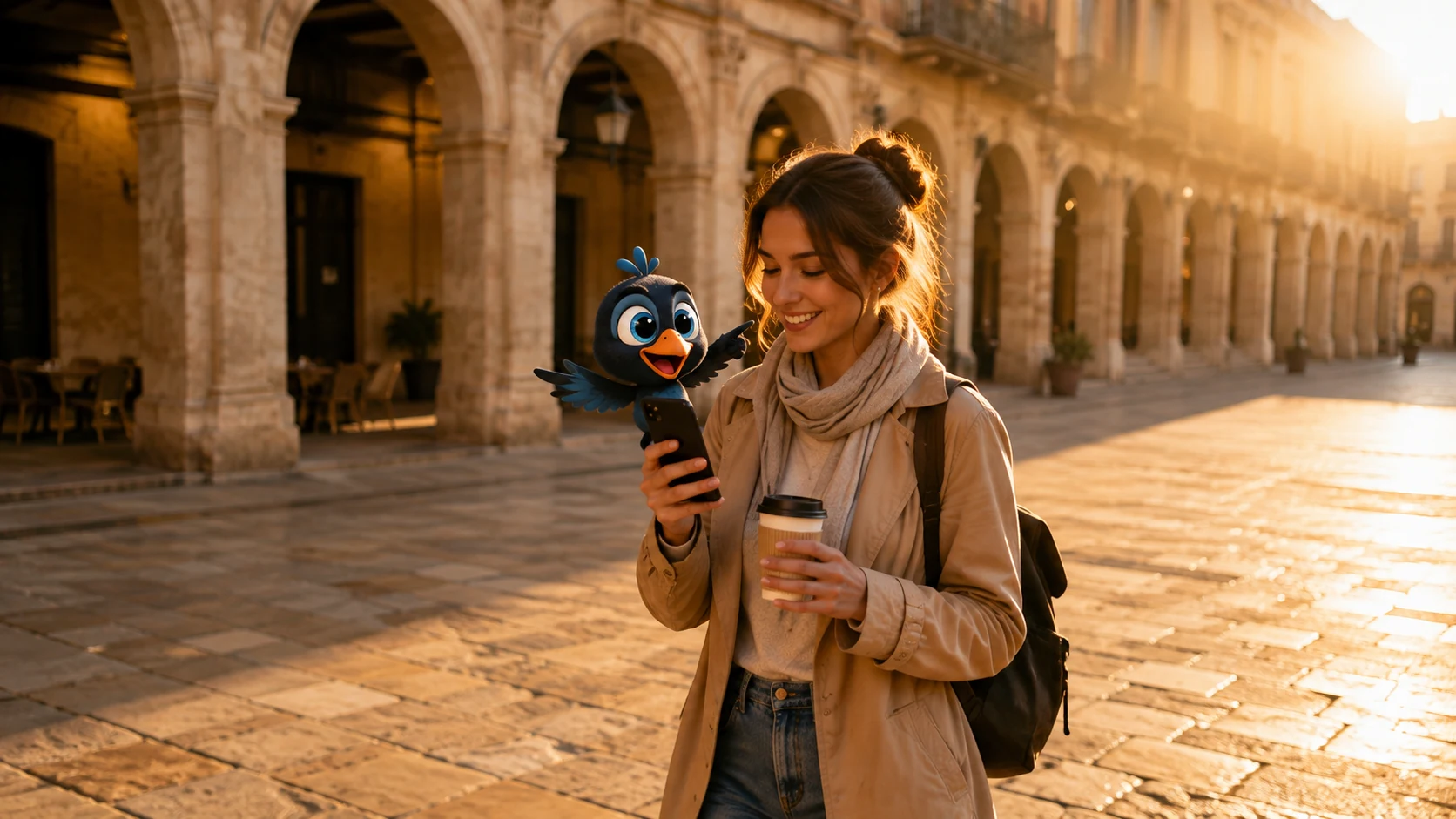 Una plaza porticada del casco antiguo a primera hora de la mañana, casi vacía y con luz dorada; una viajera la cruza sin prisa mientras Mappy le señala los soportales desde el móvil